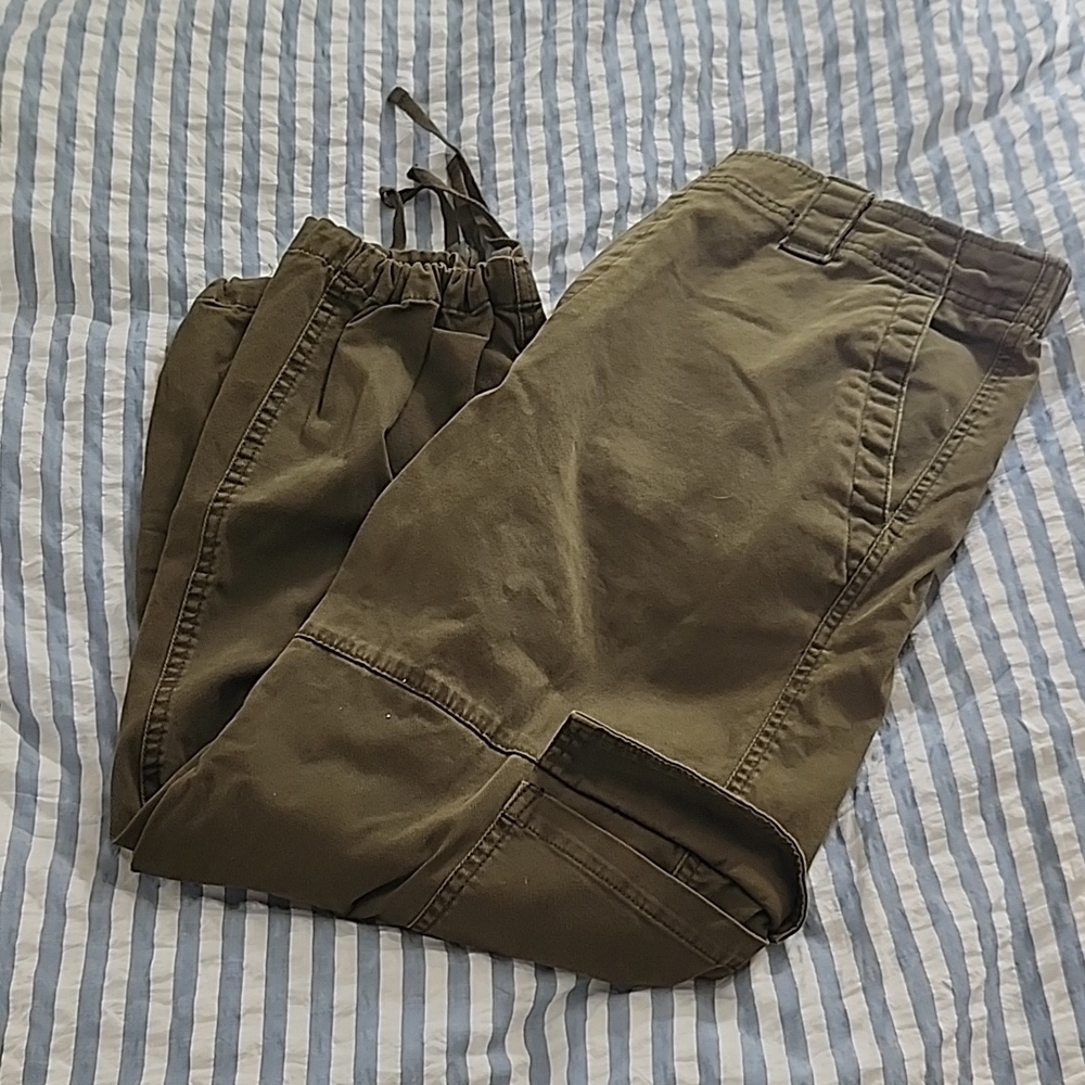 Green Cargo Pants with Adjustable Waistband and Distressed Look